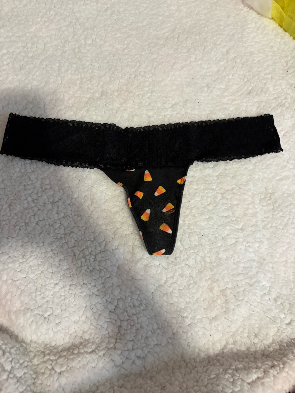 PINK Victoria's Secret Black Lace Thong with Candy Corn Motif